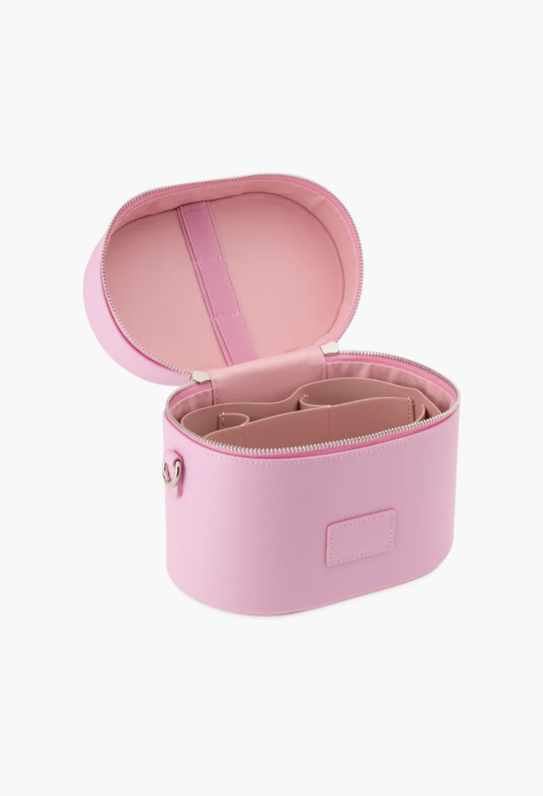 GLAM MODA pink vegan leather oval toiletry case with open lid, removable divider, and brush storage elastic.