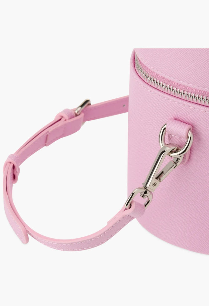 GLAM MODA pink vegan leather oval toiletry case with a detachable shoulder strap and silver hardware detail
