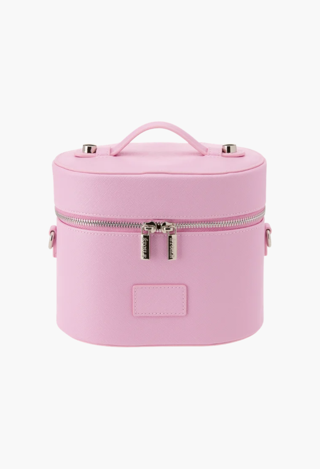 GLAM MODA pink oval toiletry case made of vegan leather with a top handle, dual zippers, and shoulder strap attachments.