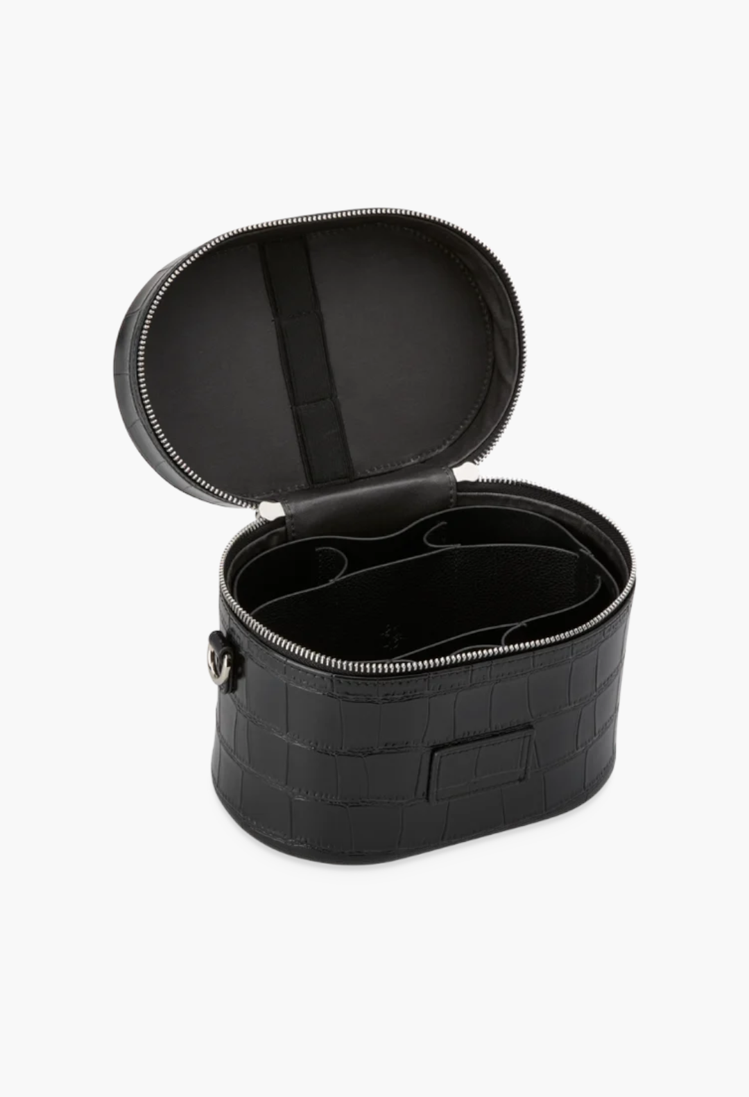 GLAM MODA black oval toiletry case in vegan leather with a crocodile texture, open lid, and internal dividers.