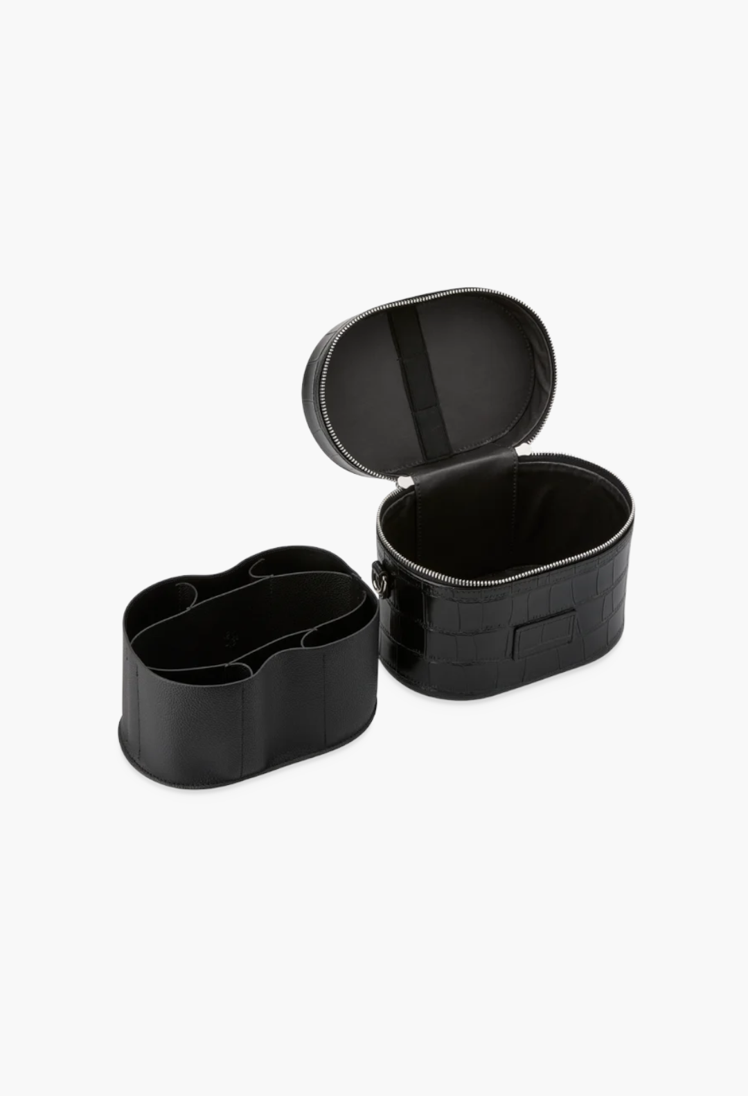 GLAM MODA black oval vegan leather toiletry case with removable divider and crocodile texture finish