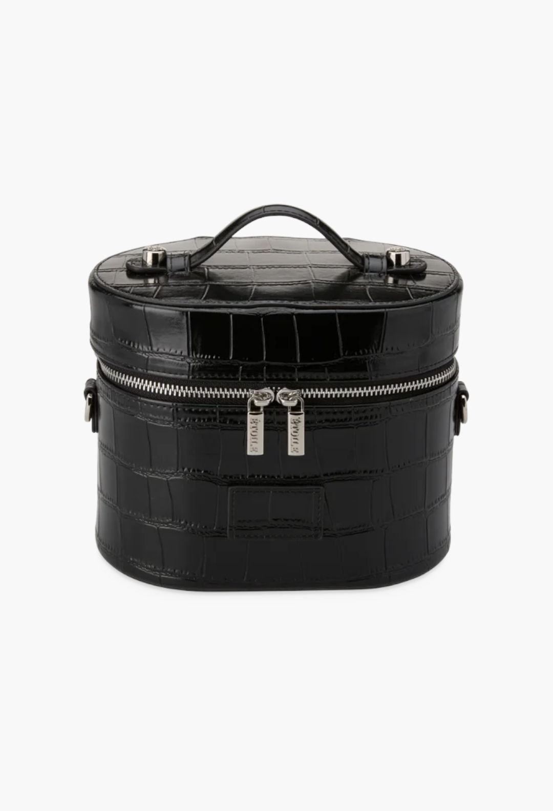 GLAM MODA black oval toiletry case in croc-embossed vegan leather with a top handle and dual silver zipper closure.