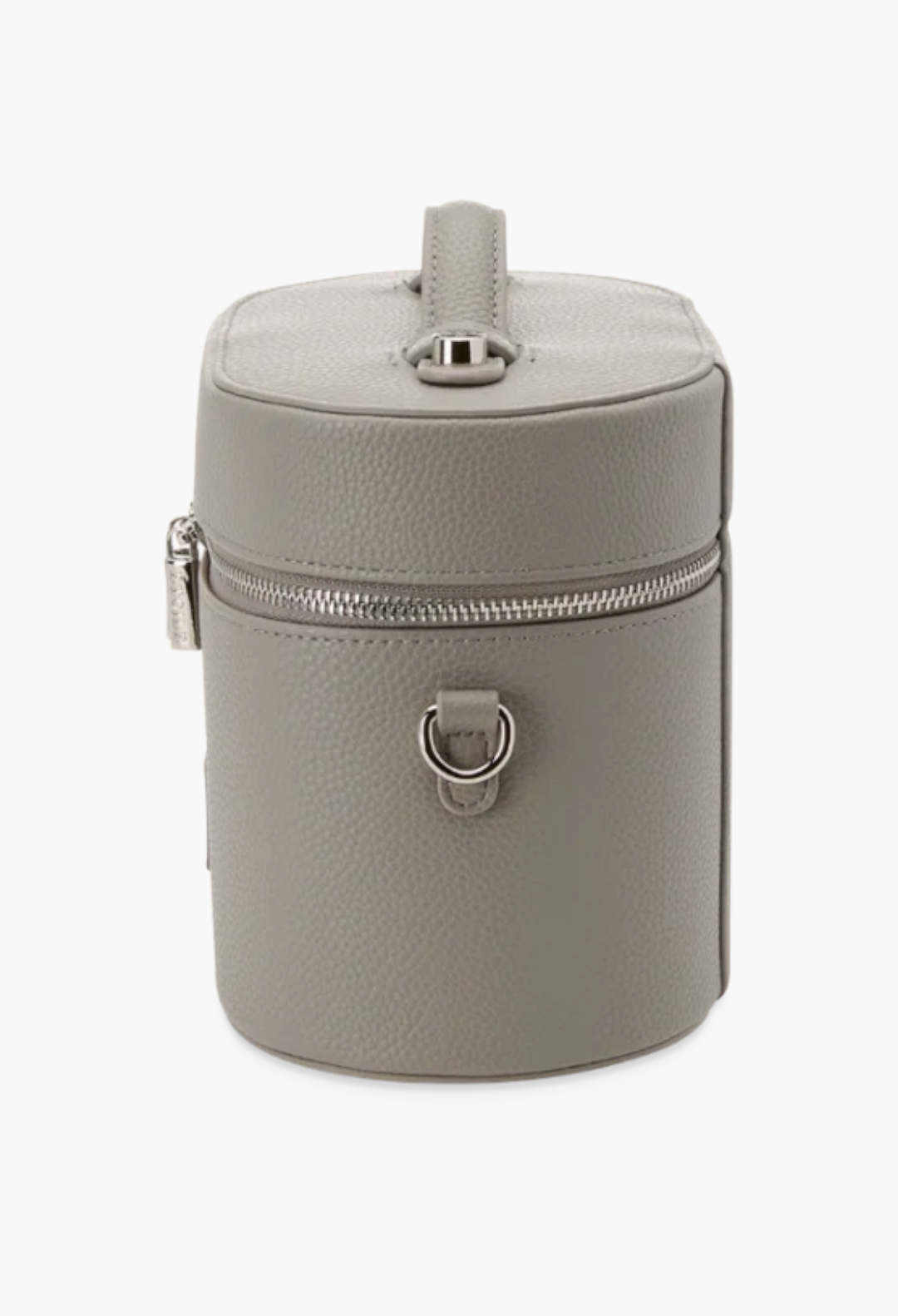 GLAM MODA grey vegan leather oval toiletry case with a top handle, silver zipper, and shoulder strap attachment.