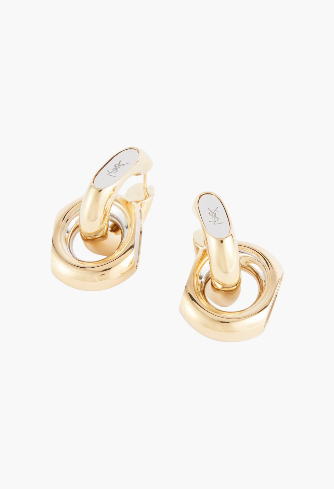 GLAM MODA Saint Laurent Cassandre gold brass hoop earrings with signature logo detail and pin fastening