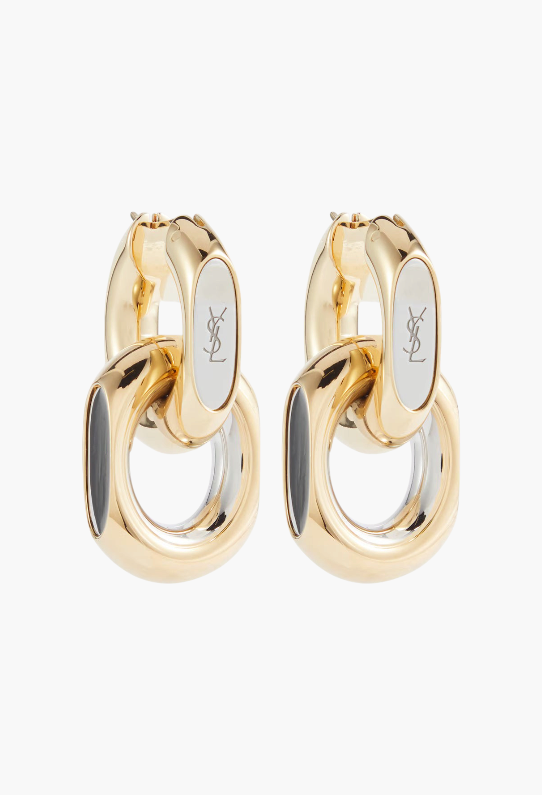 GLAM MODA Saint Laurent Cassandre gold brass hoop earrings with interlocking link design and logo detail