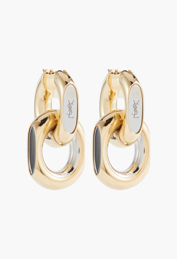 GLAM MODA Saint Laurent Cassandre gold brass hoop earrings with interlocking link design and logo detail