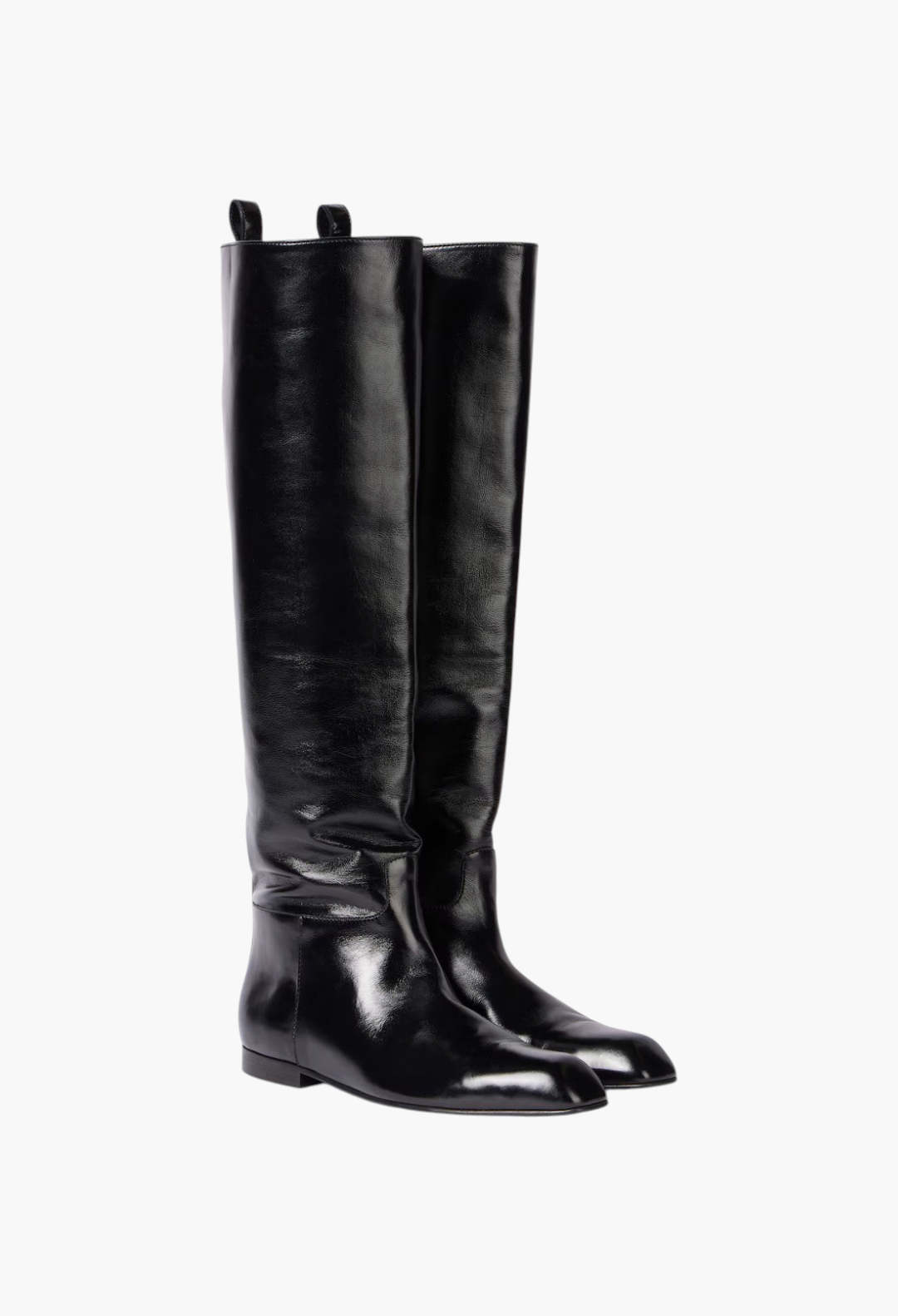 GLAM MODA Colt black leather knee-high boots with an almond toe and low heel, made in Italy.