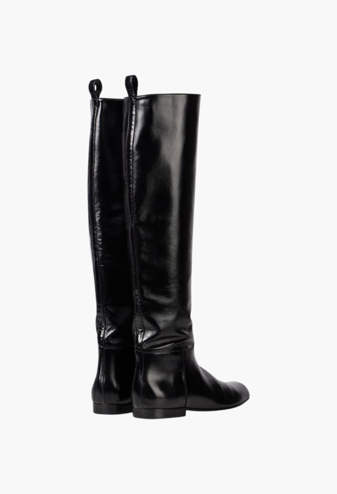 GLAM MODA black leather knee-high boots with almond toe and low heel, back view