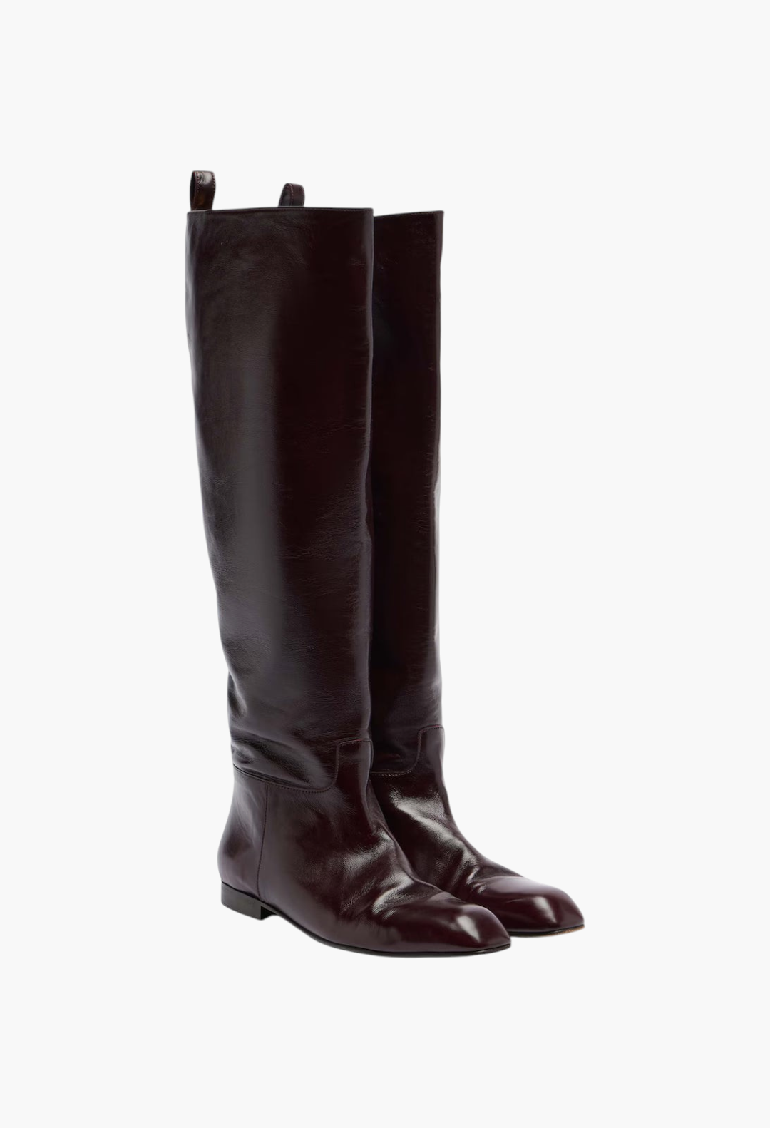 GLAM MODA Colt knee-high boots in burgundy leather with a sleek square toe and low heel.