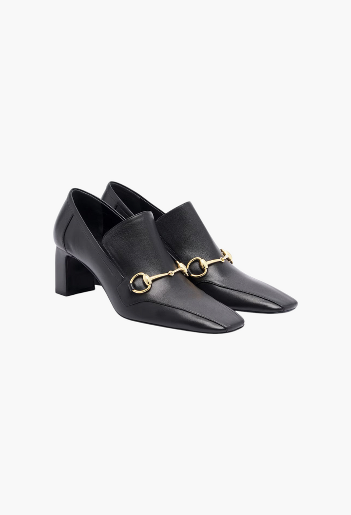 GLAM MODA black leather Galleria loafer pumps with square toes, block heels, and gold-tone Horsebit hardware.