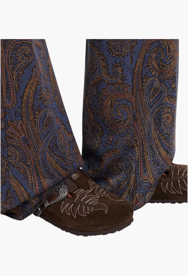 GLAM MODA Birkenstock Boston brown suede clogs with intricate white embroidery and engraved metal buckle detail