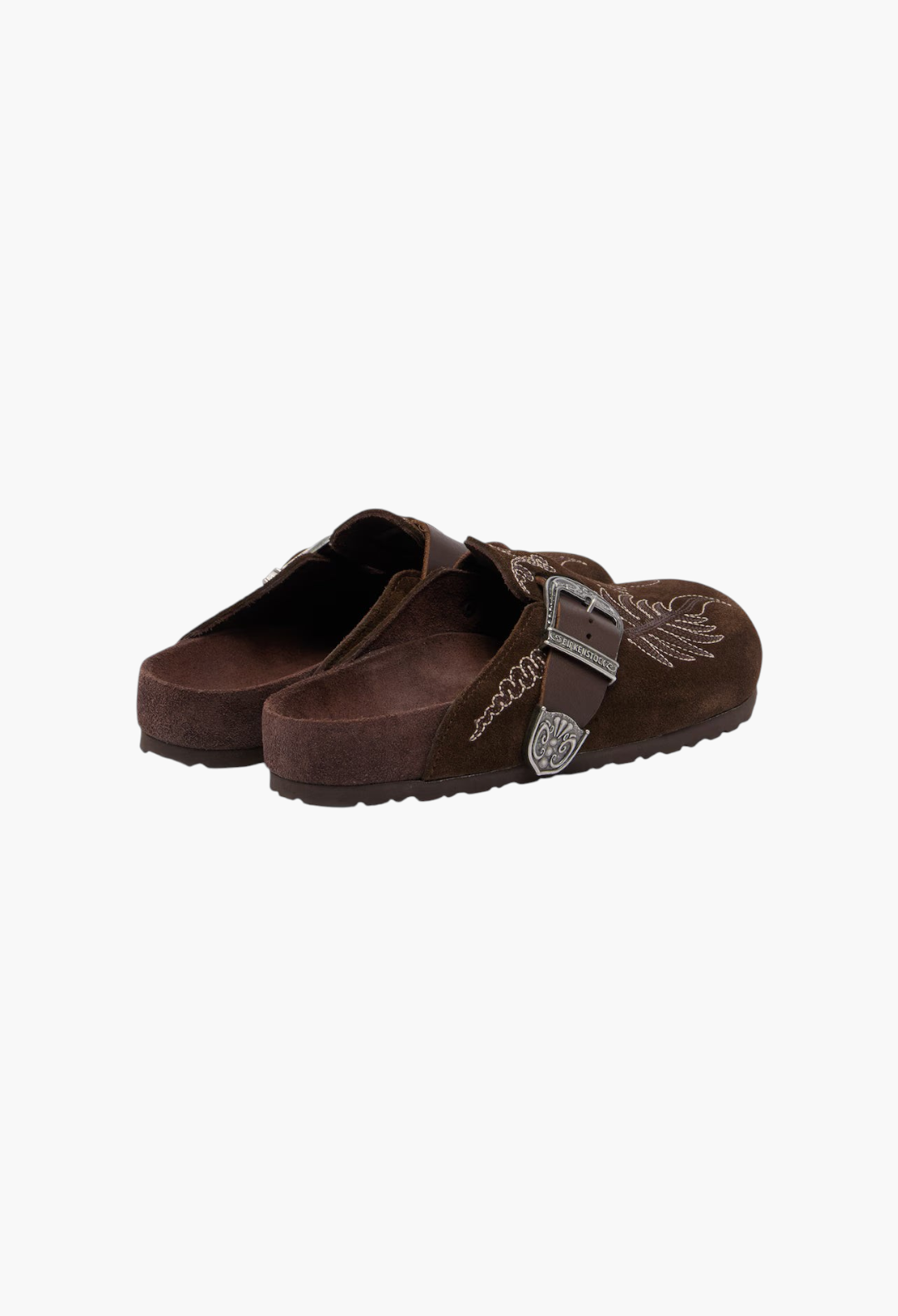GLAM MODA brown suede Birkenstock Boston clogs with intricate embroidery and engraved metal buckle detail