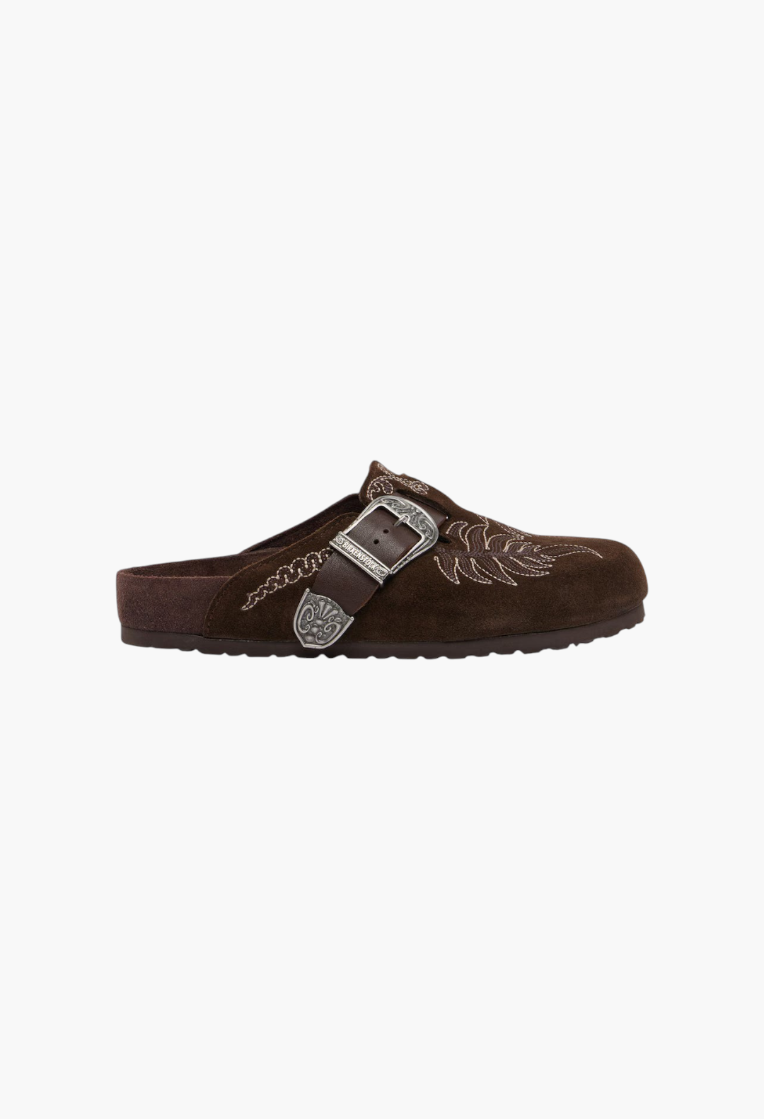 GLAM MODA brown suede Birkenstock Boston clogs with intricate embroidery and engraved metal buckle side view
