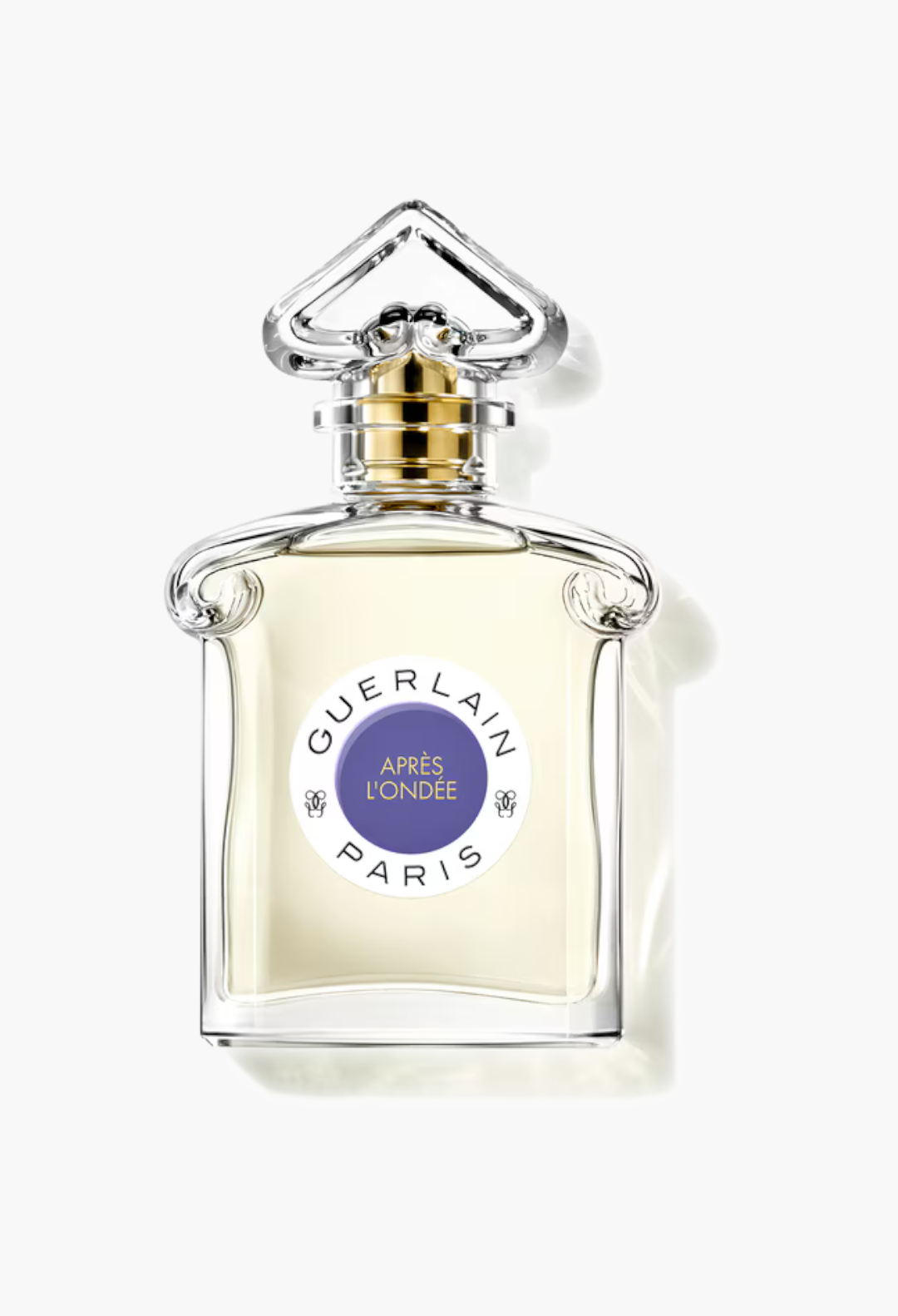 GLAM MODA Guerlain Après l'Ondée eau de toilette in an iconic inverted heart glass bottle with a floral label.