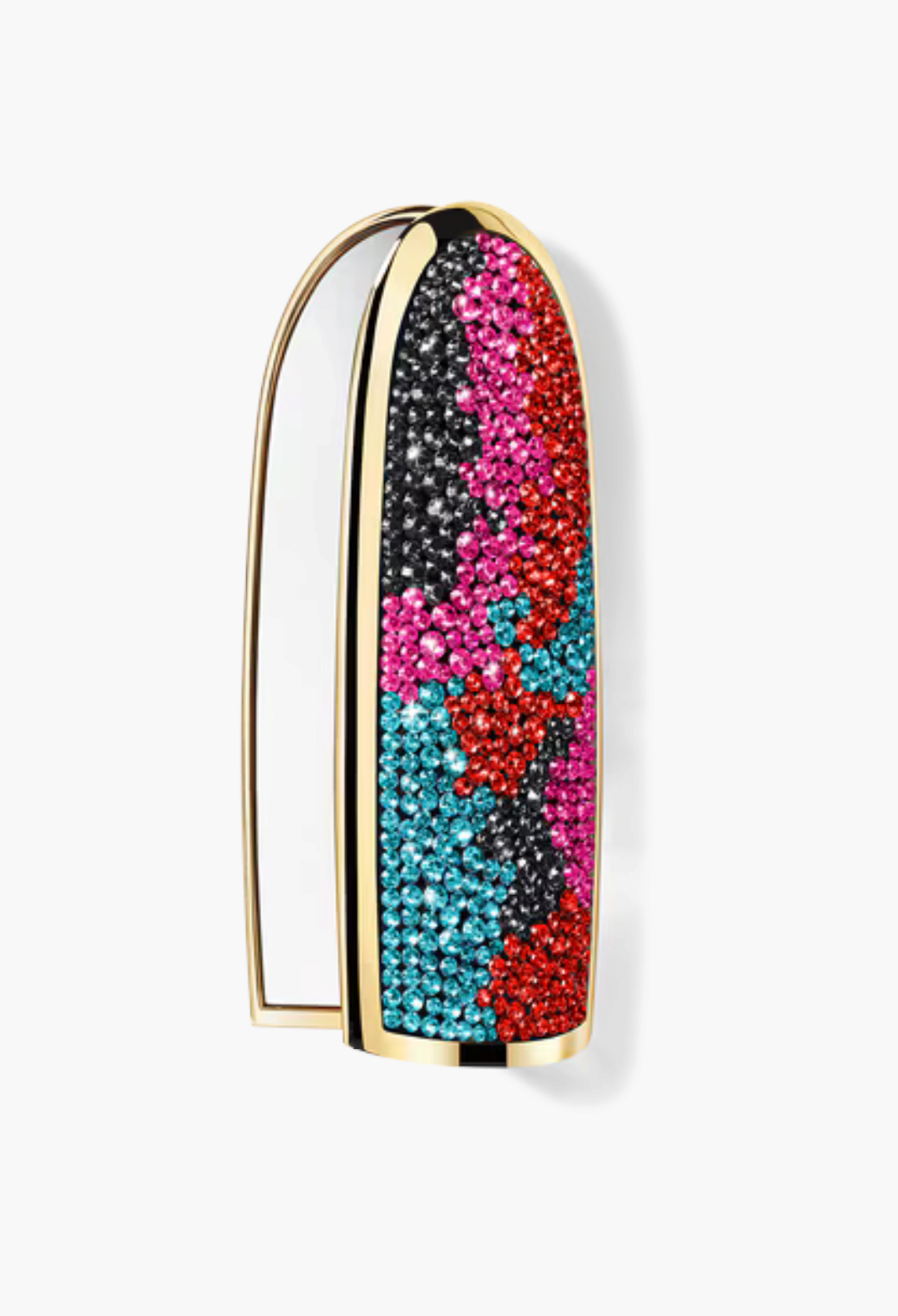 GLAM MODA Rouge G customizable lipstick case featuring a vibrant multi-colored crystal mosaic design and gold trim
