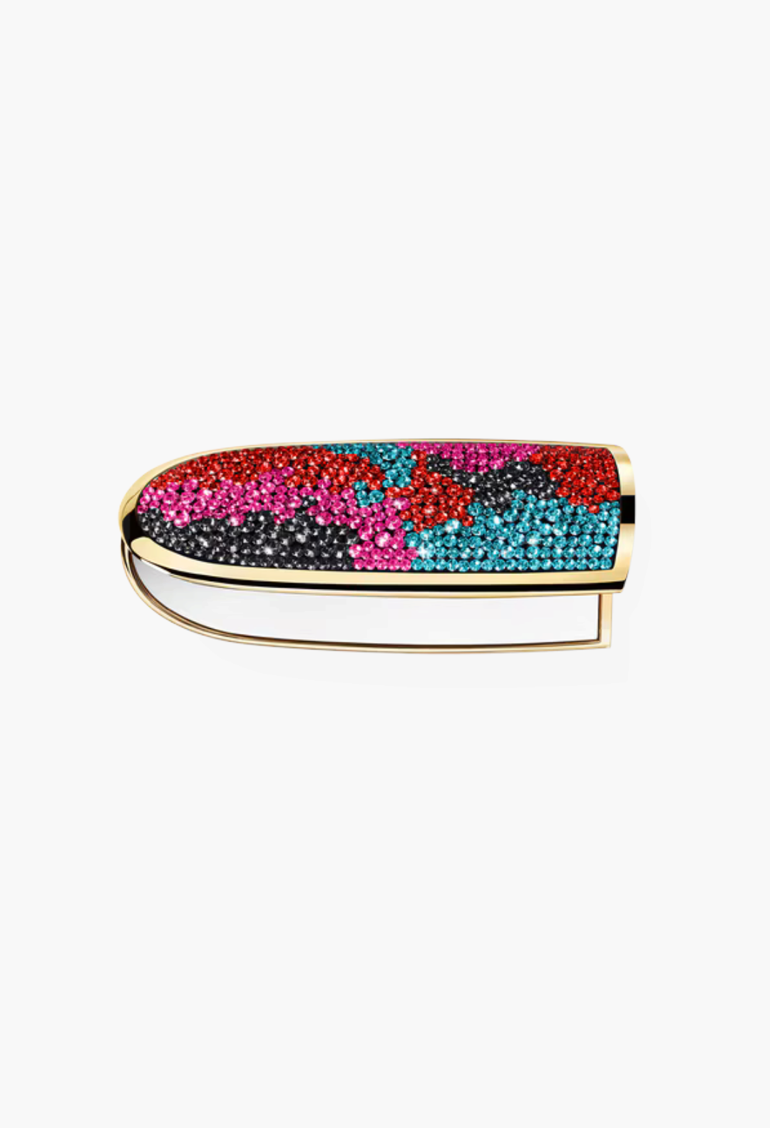 GLAM MODA customizable lipstick case featuring a vibrant multi-colored crystal mosaic pattern and gold-tone trim