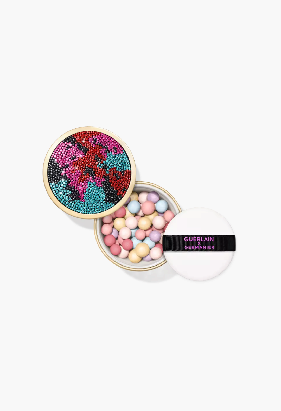 GLAM MODA Météorites setting powder pearls in a rhinestone-encrusted gold case with a branded white powder puff