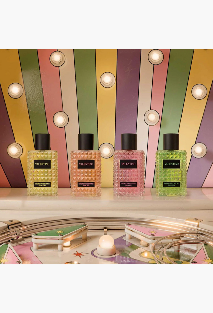 GLAM MODA collection of four Valentino Born in Roma hair and body mists in colourful glass bottles