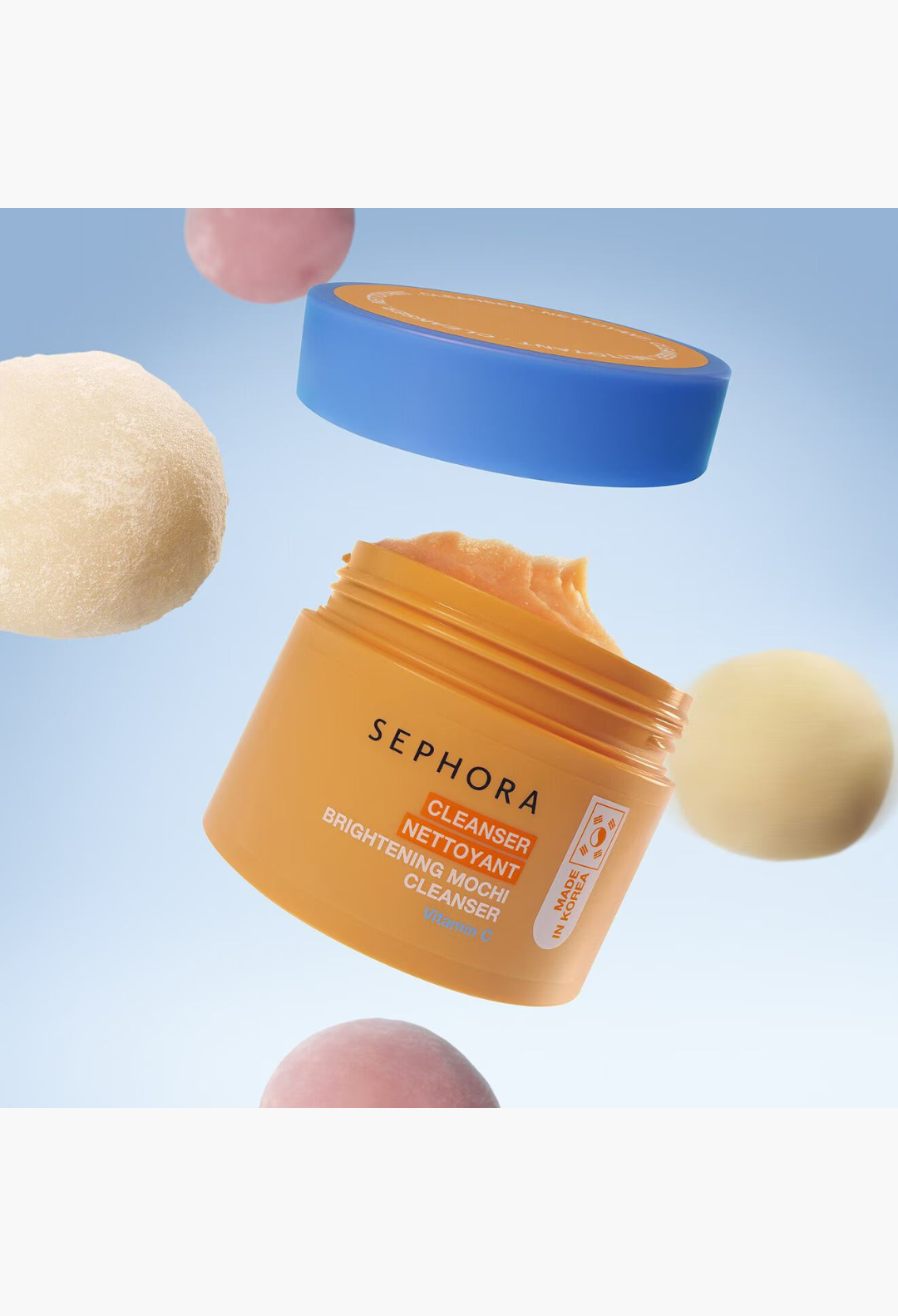 GLAM MODA SEPHORA COLLECTION Brightening Mochi Cleanser with Vitamin C in an orange jar with floating mochi balls