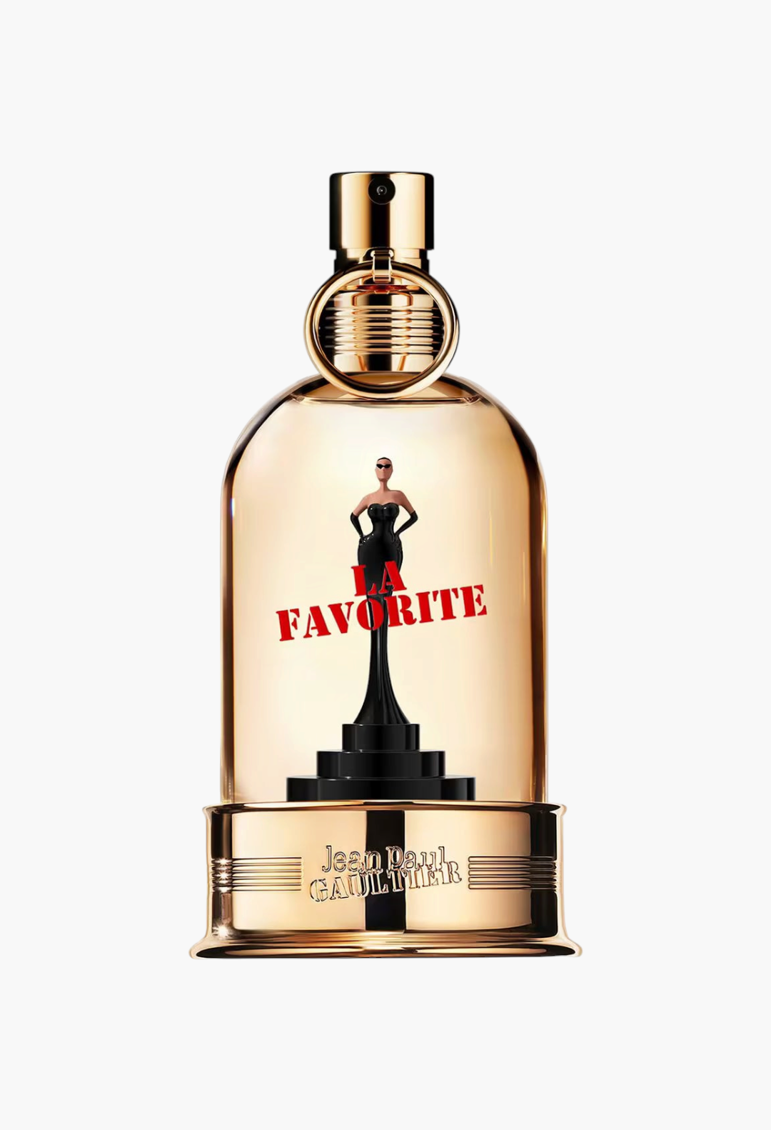 GLAM MODA Jean Paul Gaultier La Favorite Eau de Parfum in a gold glass bottle with a black figurine on a pedestal