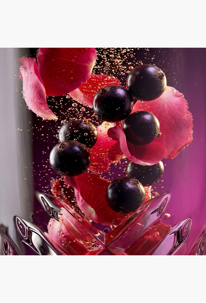 GLAM MODA Sparkling Royal perfume ingredients featuring floating blackcurrants and rose petals in sparkling liquid