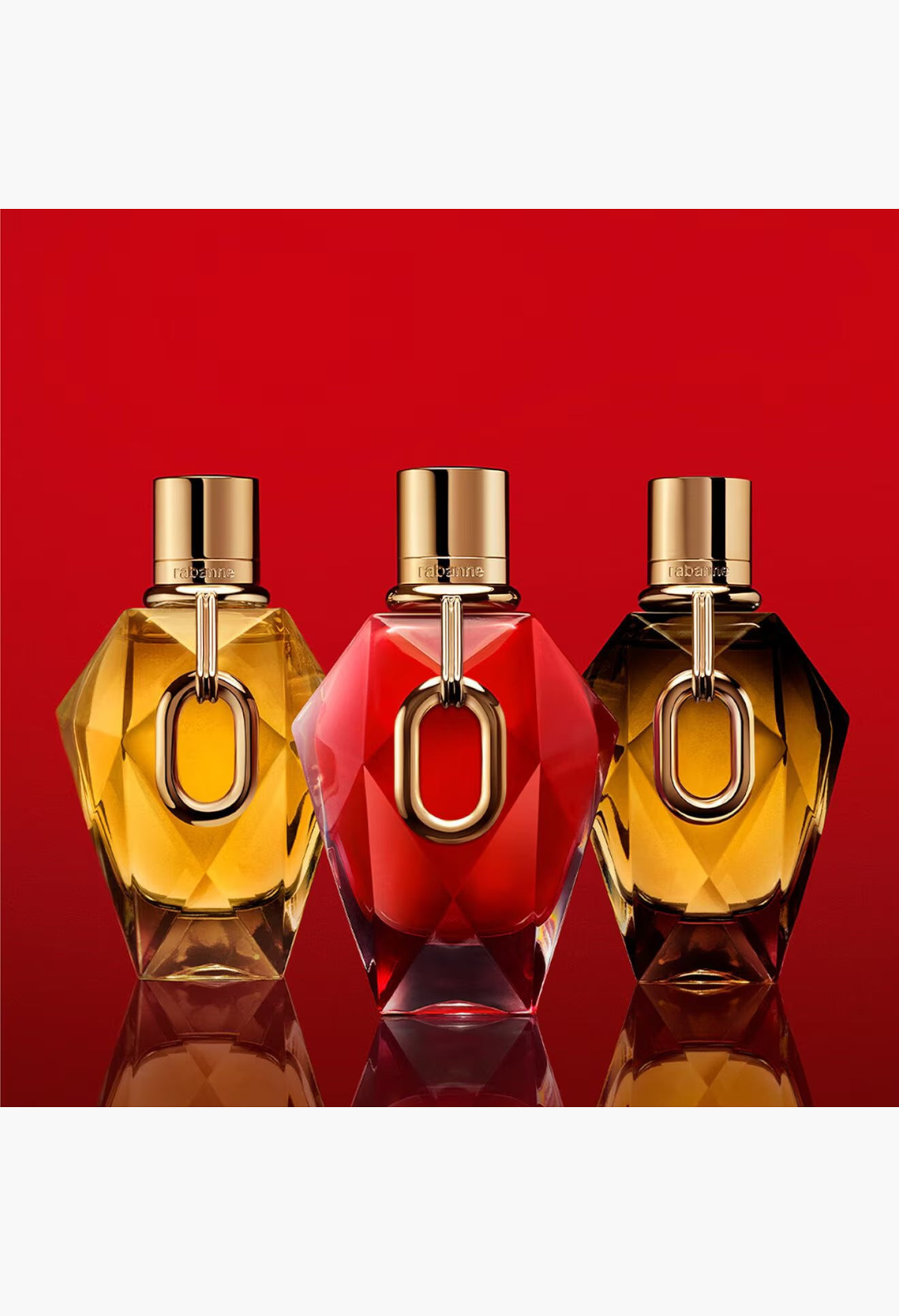 GLAM MODA Million Red for Her perfume bottles in red, amber, and gold diamond-inspired glass with iconic XL link