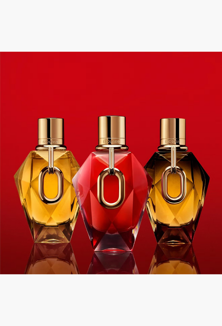 GLAM MODA Million Red for Her perfume bottles in red, amber, and gold diamond-inspired glass with iconic XL link