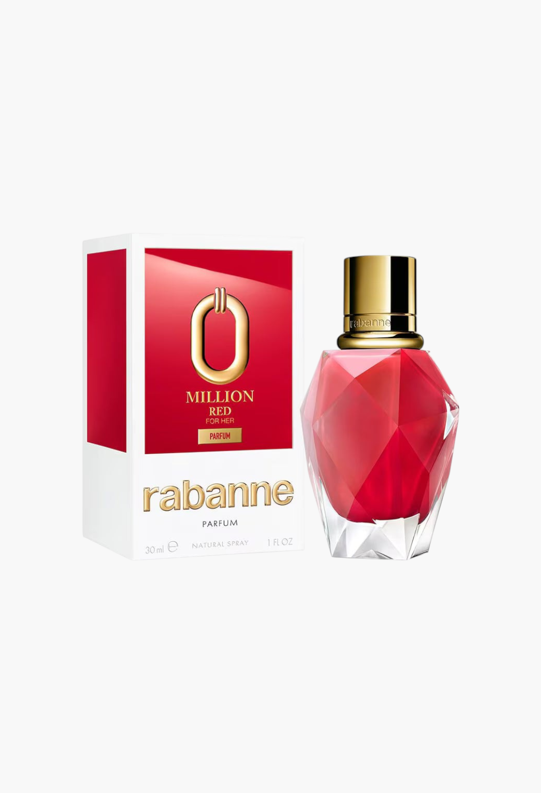 GLAM MODA Million Red for Her Parfum bottle and box featuring a bold red diamond-inspired design with gold accents.