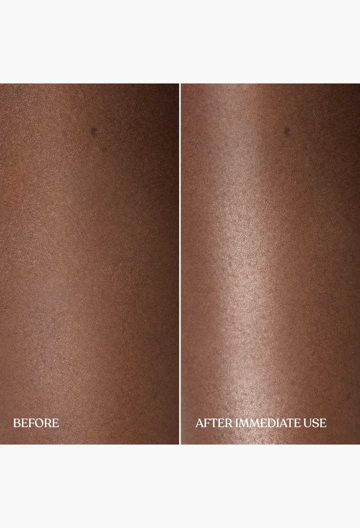 GLAM MODA Yum Pistachio body cream before and after application showing immediate skin hydration and soft glow