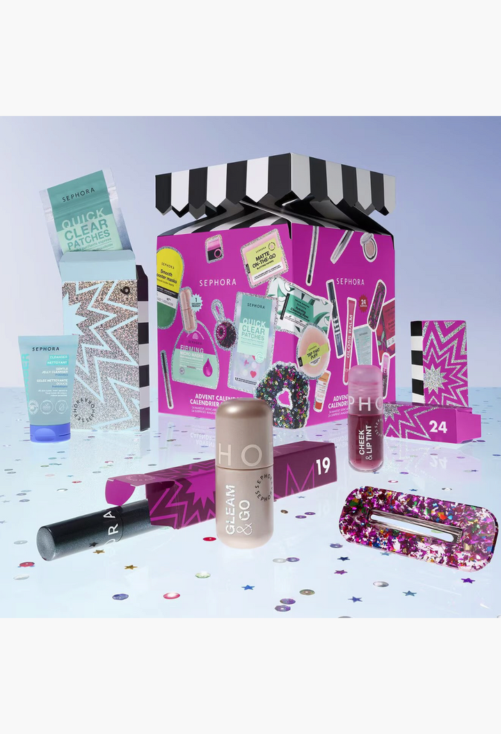 GLAM MODA beauty advent calendar with 24 makeup, skincare, and accessory surprises in a festive pink gift box