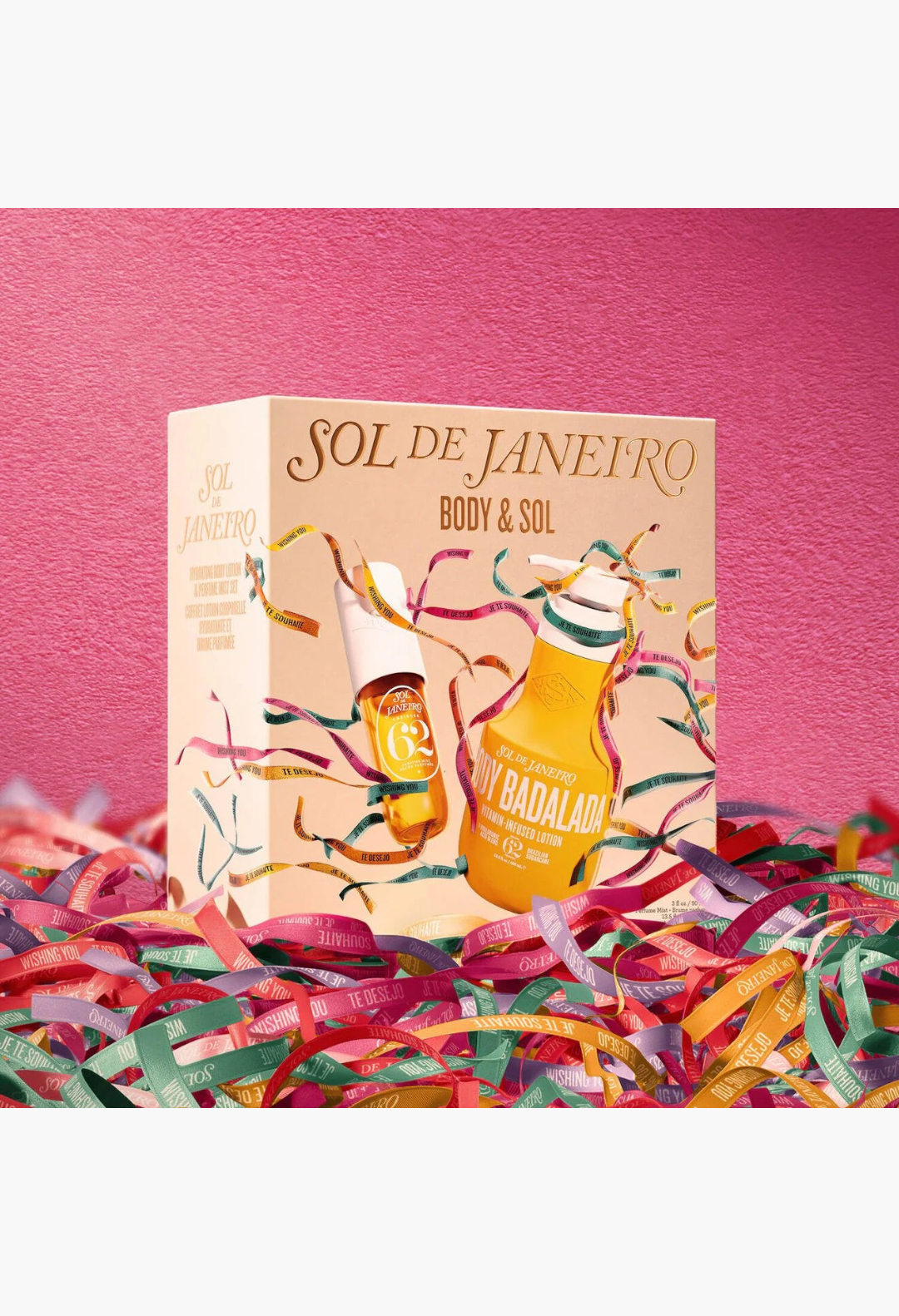GLAM MODA Sol de Janeiro Body & Sol gift set featuring Cheirosa 62 perfume mist and Body Badalada lotion in a box.