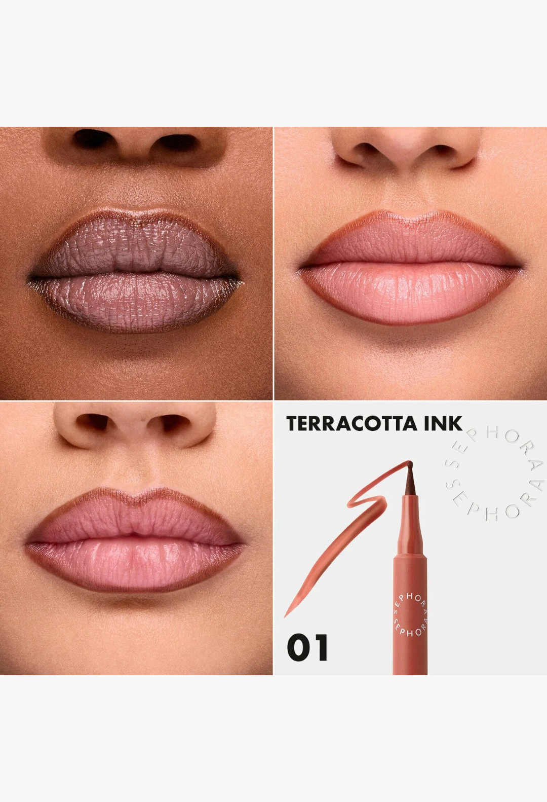 GLAM MODA SEPHORA COLLECTION lip stain felt liner in Terracotta Ink applied on lips for precise, long-lasting color.
