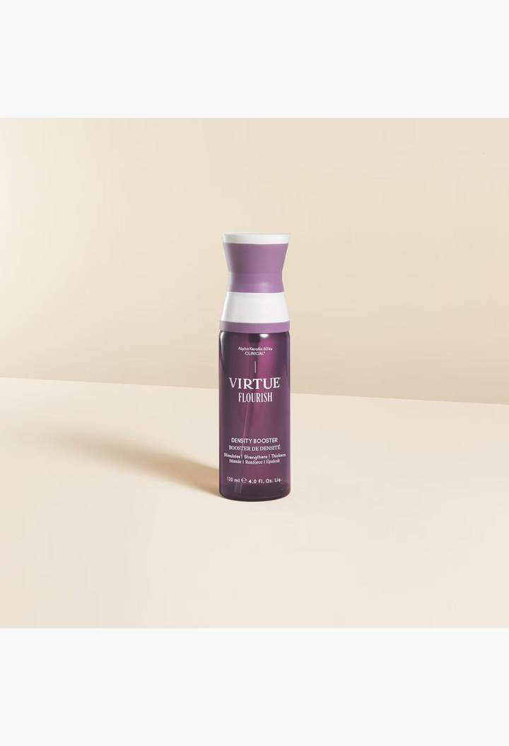 GLAM MODA Virtue Flourish Density Booster scalp treatment spray in a purple bottle for thickening fine hair.