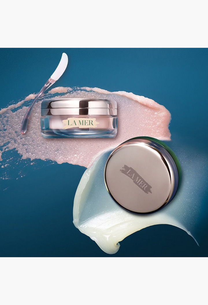GLAM MODA The Lip Polish buffing balm in glass jars with applicator, showing textured exfoliating cream swatches.