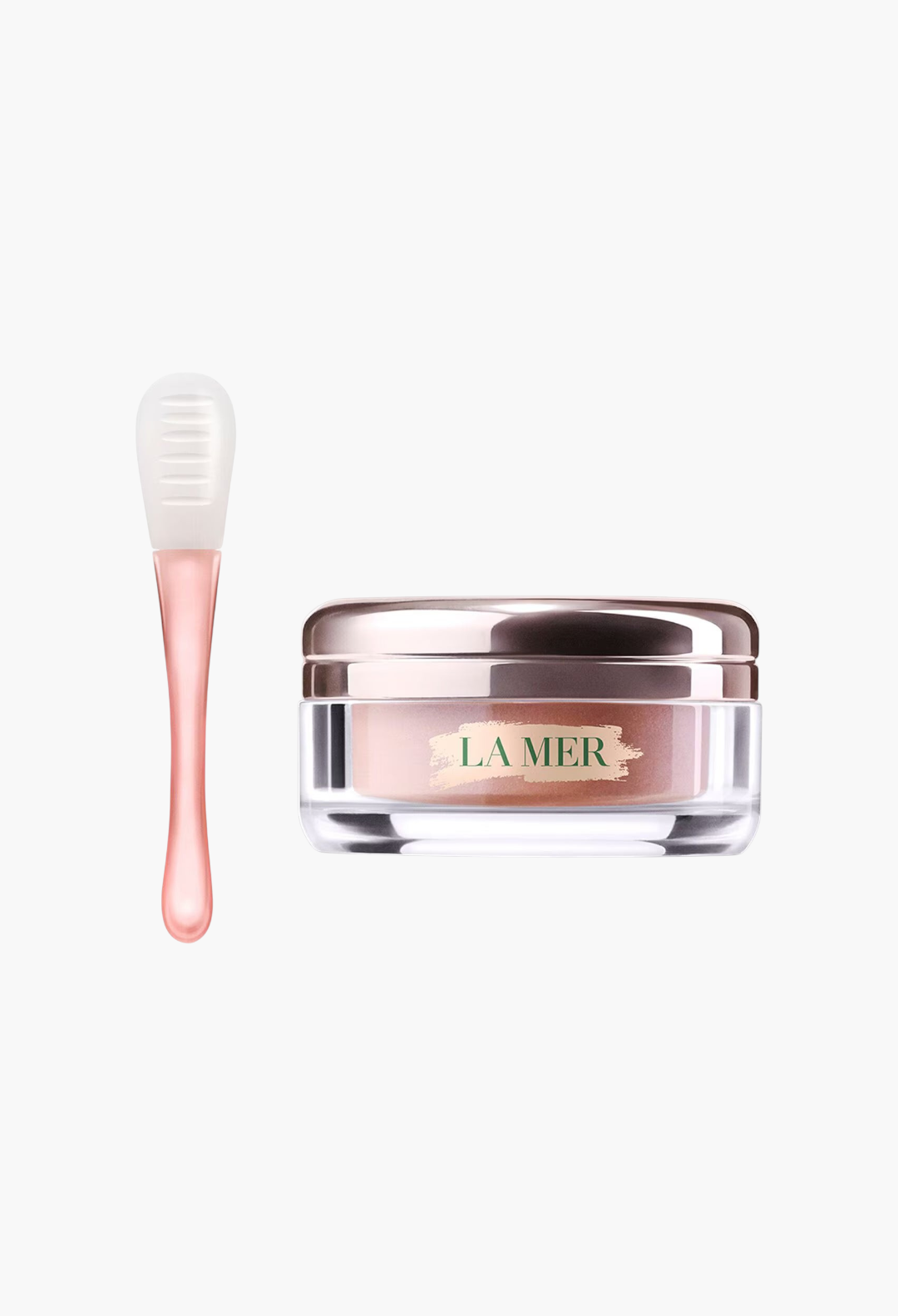 GLAM MODA The Lip Polish exfoliating balm in a glass jar with a soft silicone applicator tool for smooth lips.