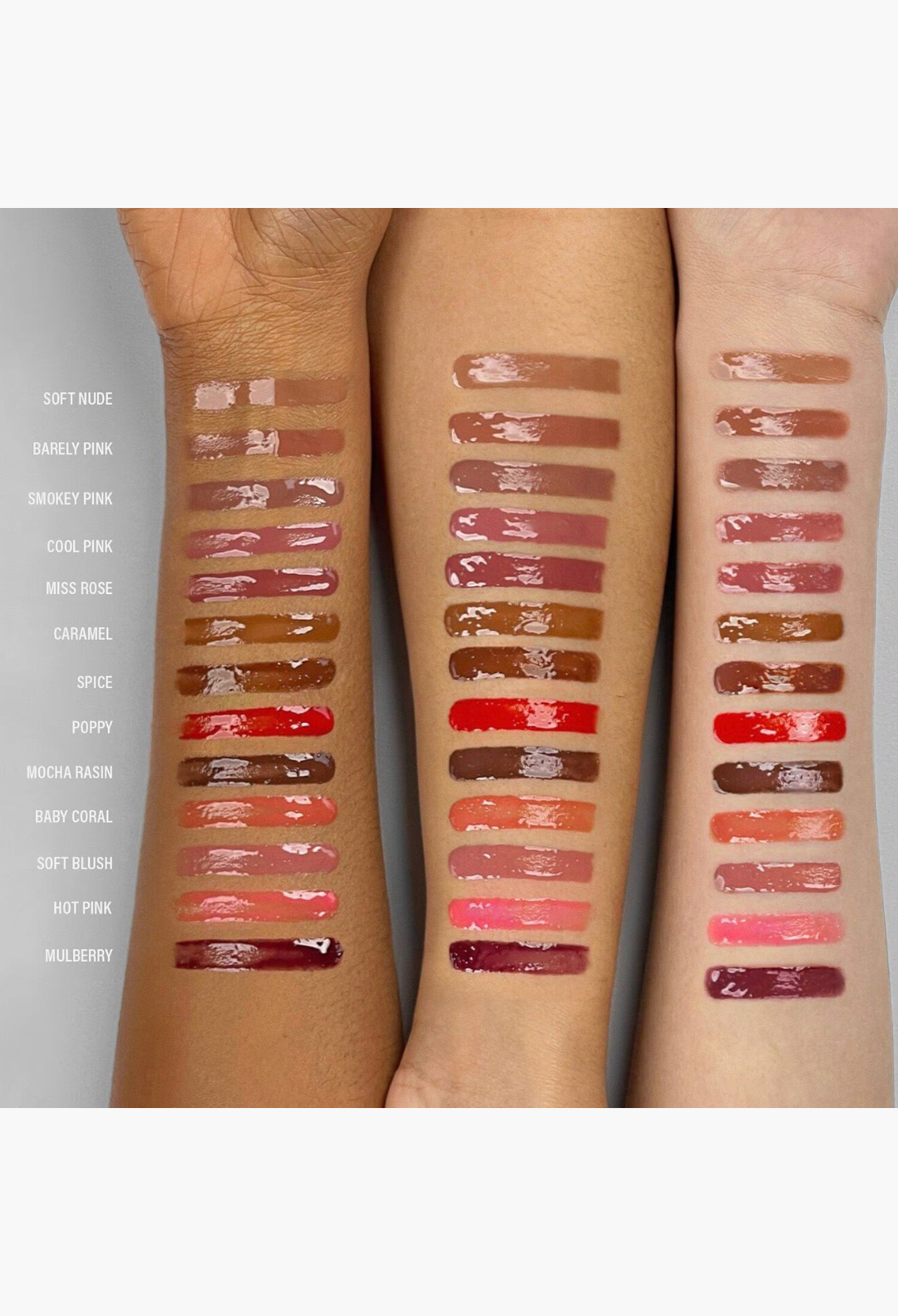 GLAM MODA MoistureGlow liquid lip color swatches in thirteen shades on three different skin tones