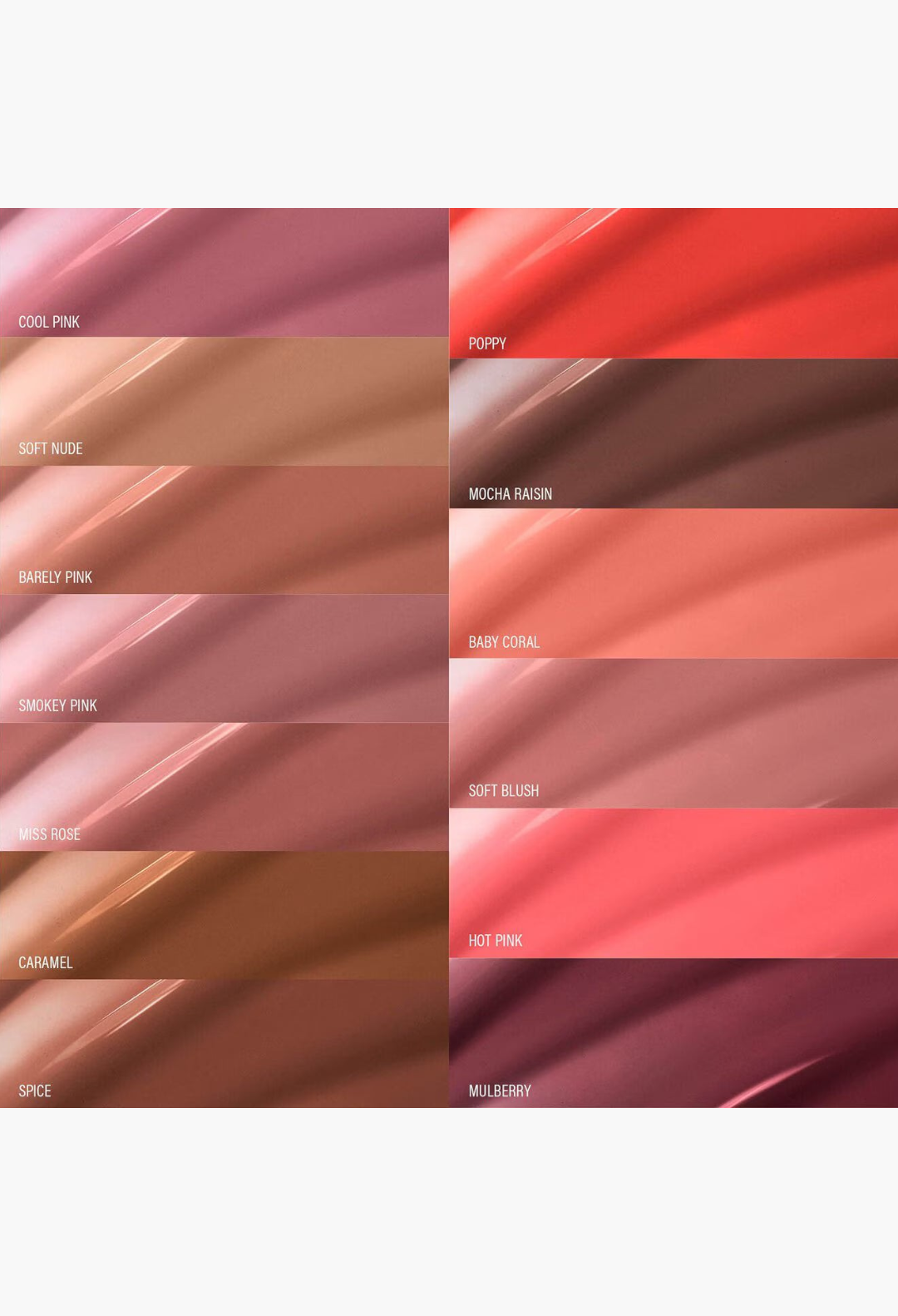 GLAM MODA MoistureGlow liquid lip color swatches in thirteen shades ranging from soft nudes to vibrant pinks and reds.