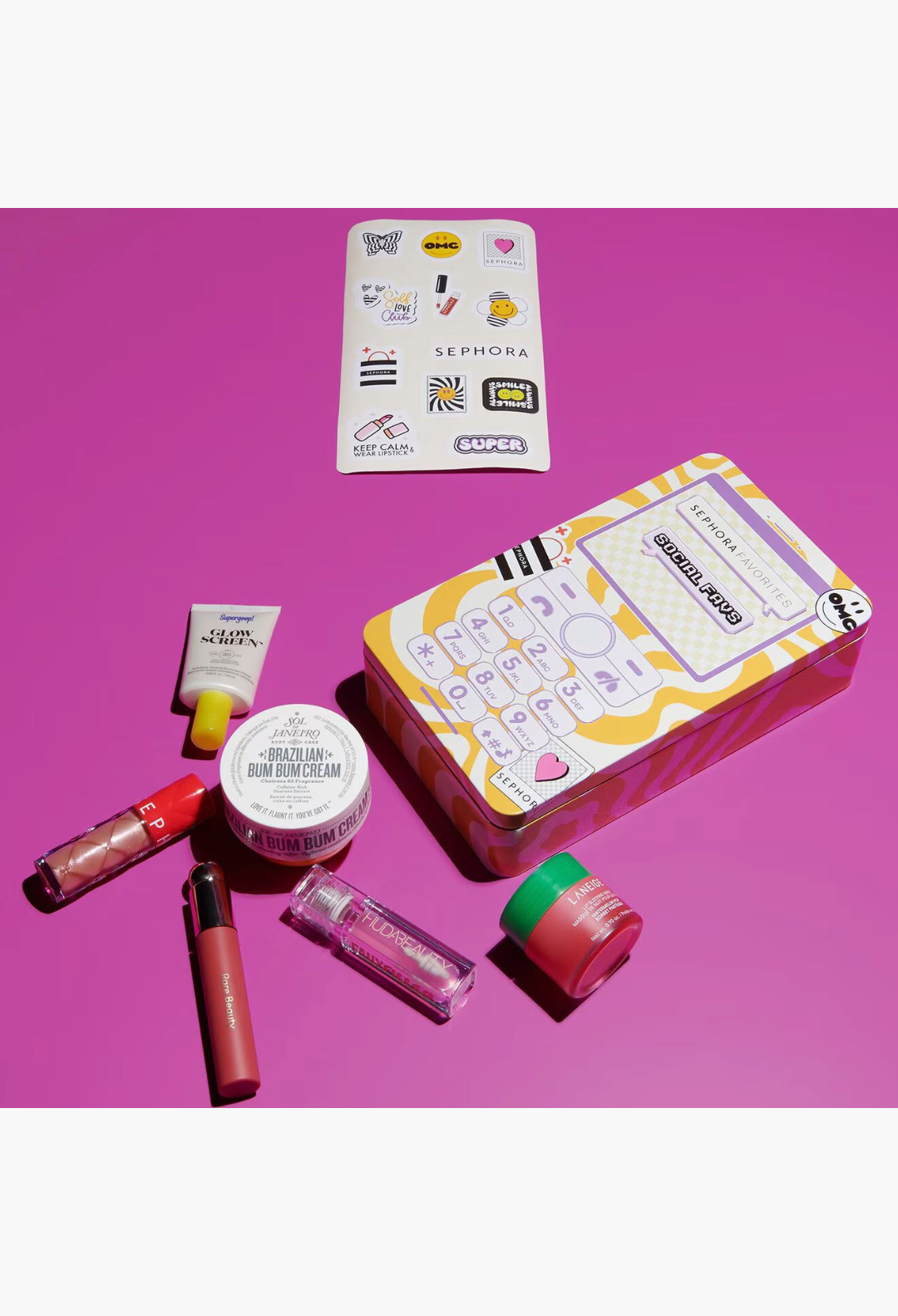 GLAM MODA Sephora Social Favs beauty box set featuring skincare and makeup products with a sticker sheet on pink