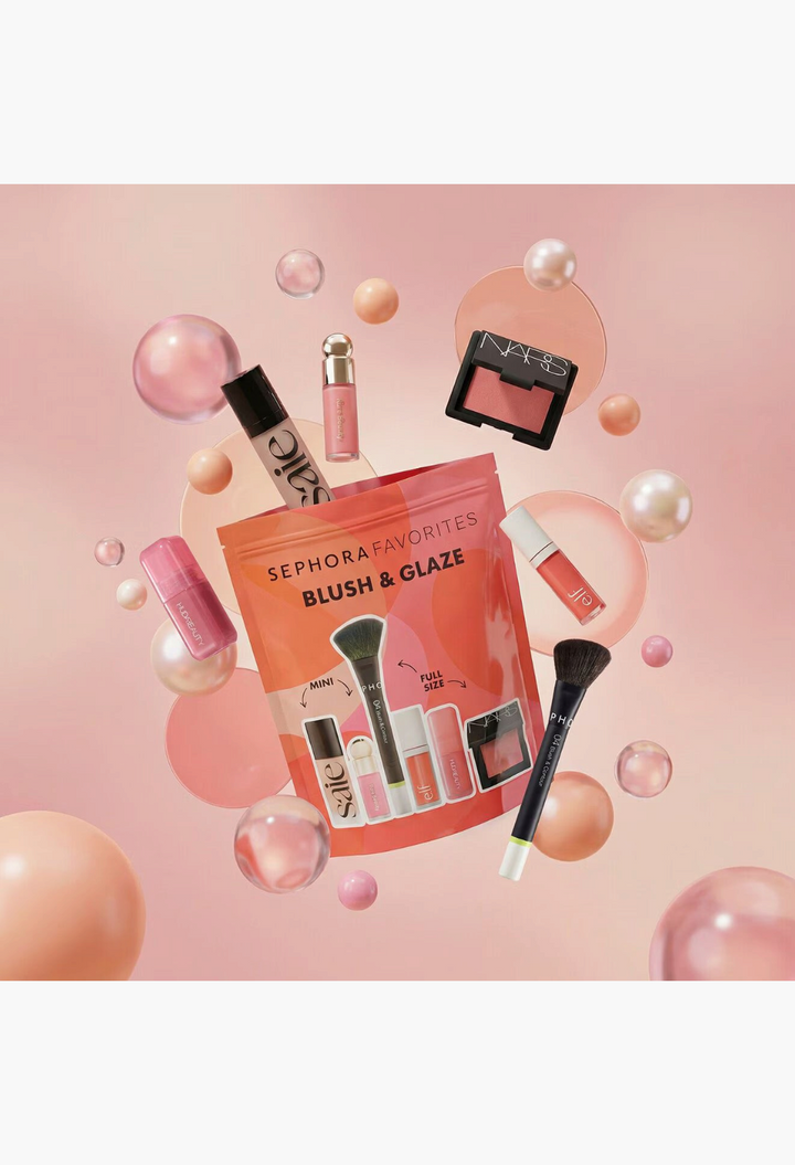 GLAM MODA Sephora Favorites Blush & Glaze makeup set featuring various blush formulas, a brush, and floating bubbles.