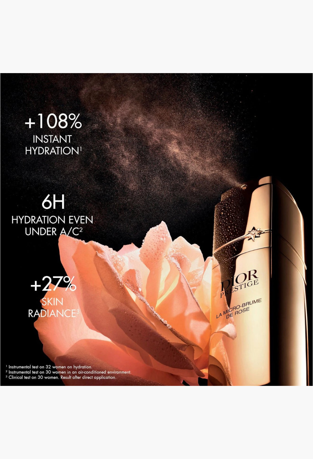GLAM MODA Dior Prestige La Micro-Brume de Rose revitalizing face mist bottle next to a fresh pink rose
