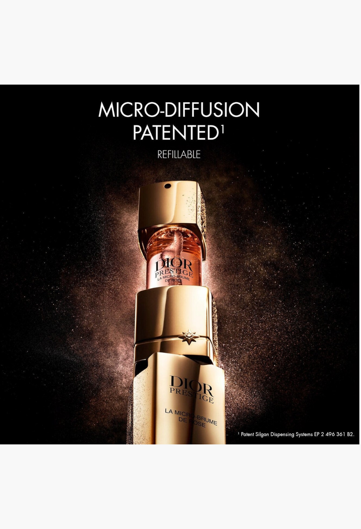GLAM MODA Dior Prestige La Micro-Brume de Rose revitalizing face mist in an elegant gold refillable bottle