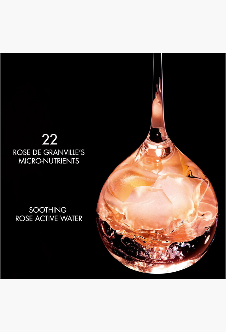 GLAM MODA Prestige La Micro-Brume de Rose revitalizing mist featuring rose petals suspended in a clear glass droplet