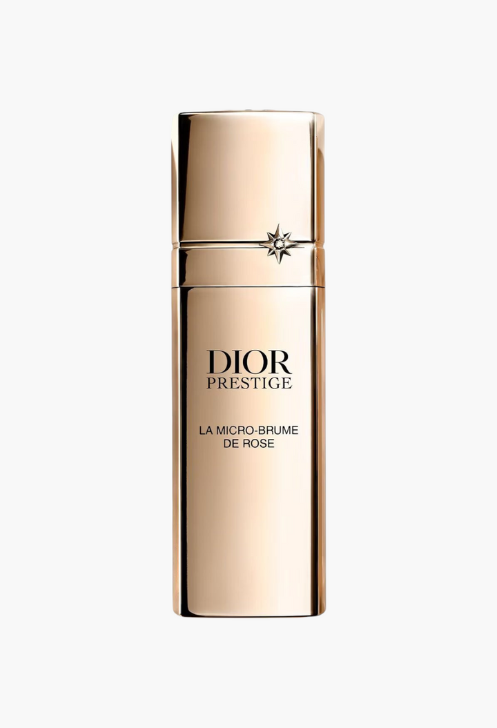 GLAM MODA Dior Prestige La Micro-Brume de Rose revitalizing face mist in an elegant gold refillable bottle