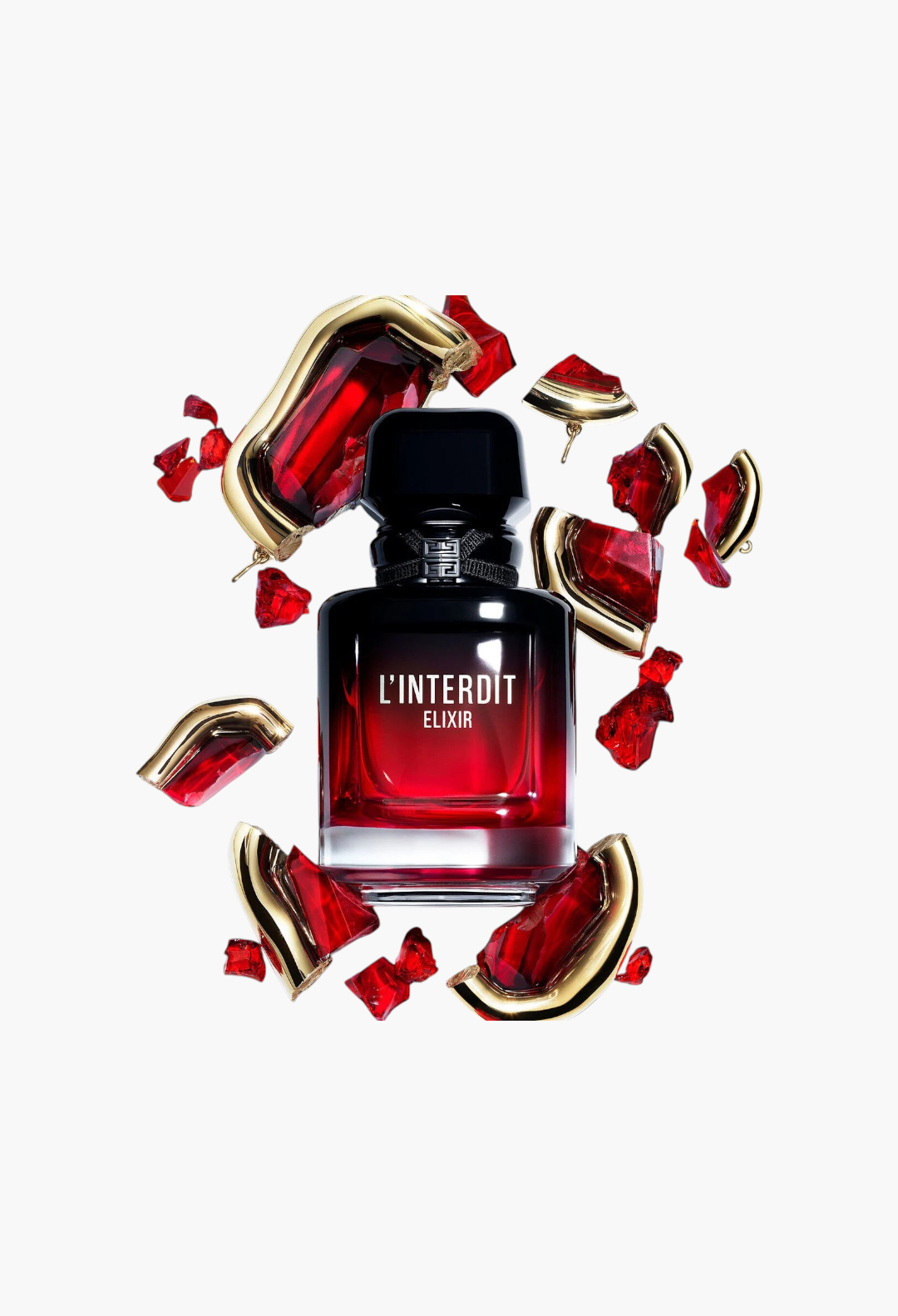 GLAM MODA L'Interdit Elixir perfume bottle in a deep red gradient glass surrounded by gold accents and red crystals
