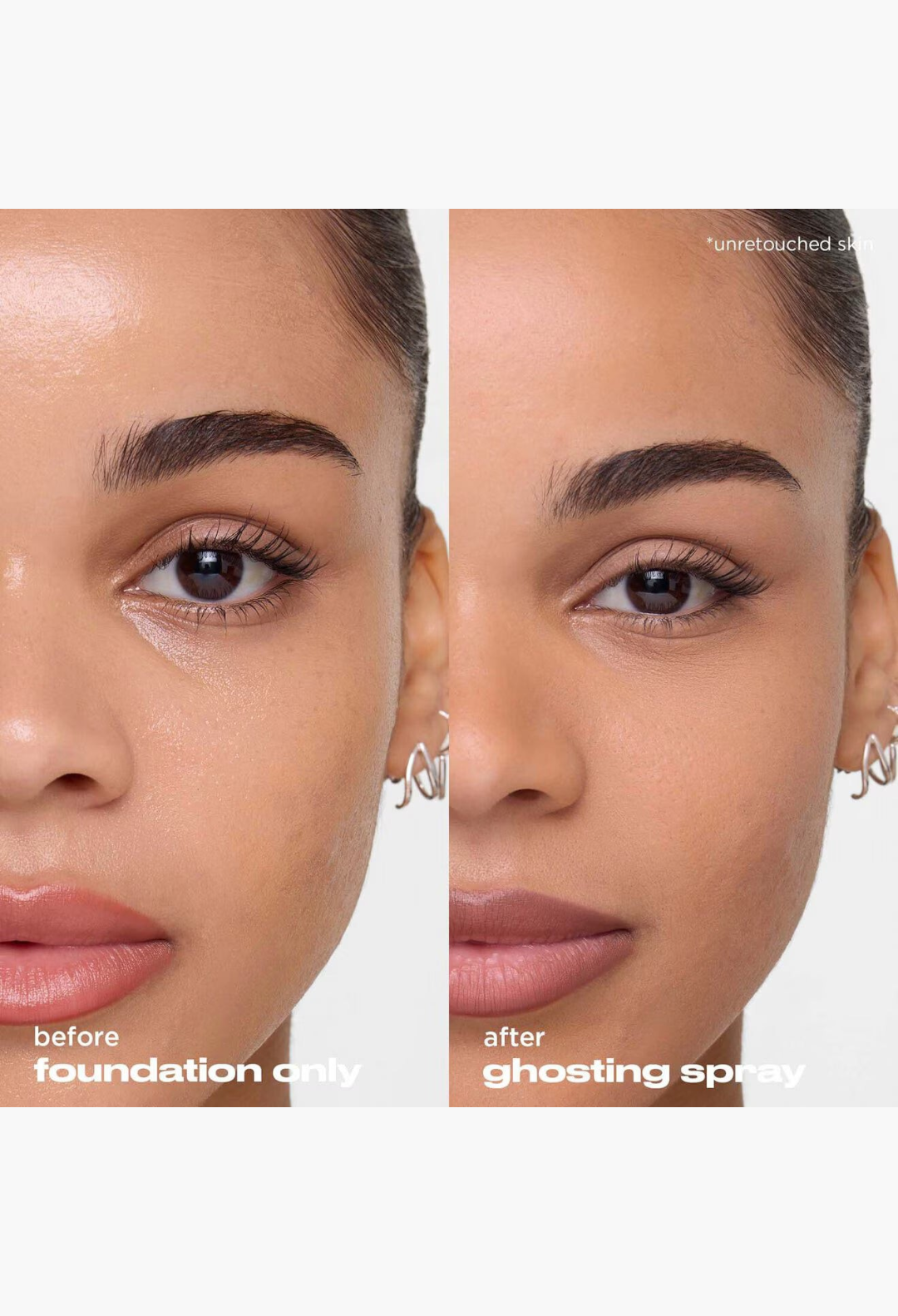GLAM MODA Ghost Spray travel size showing before and after comparison of skin with and without the blurring setting spray