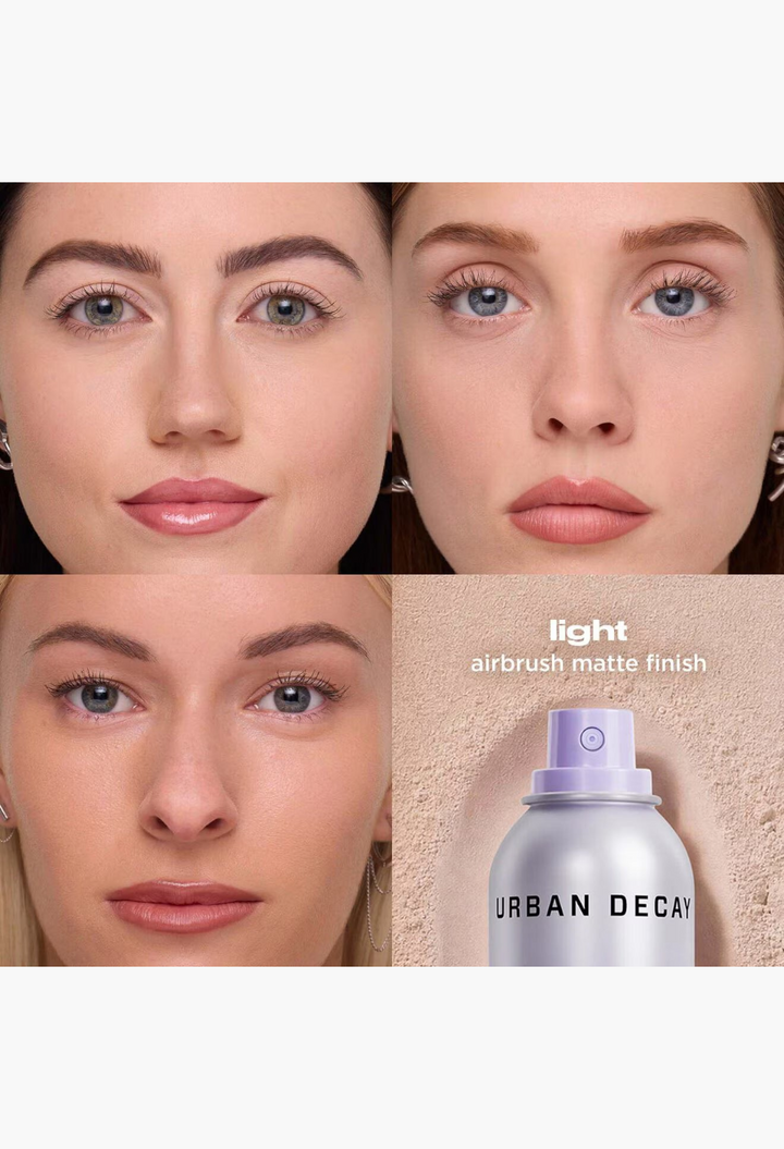 GLAM MODA Ghost Spray setting powder bottle next to three models showing a light airbrush matte finish on skin