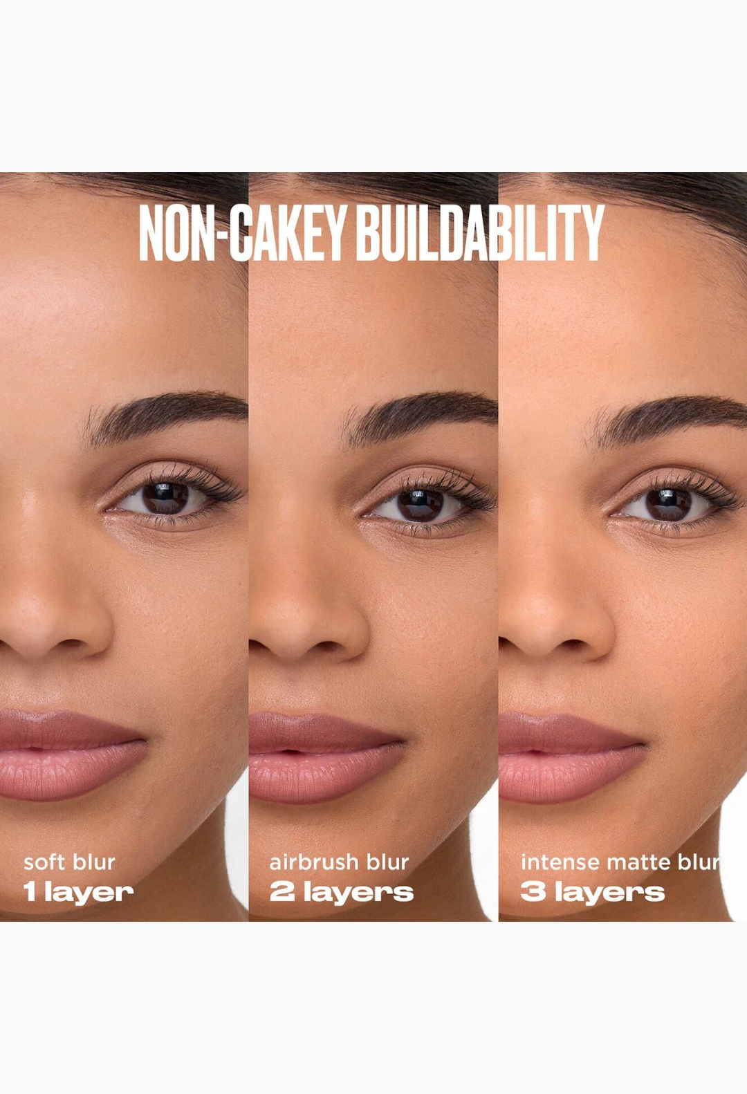 GLAM MODA Ghost Spray showing buildable coverage on skin from soft blur to intense matte finish in three layers.