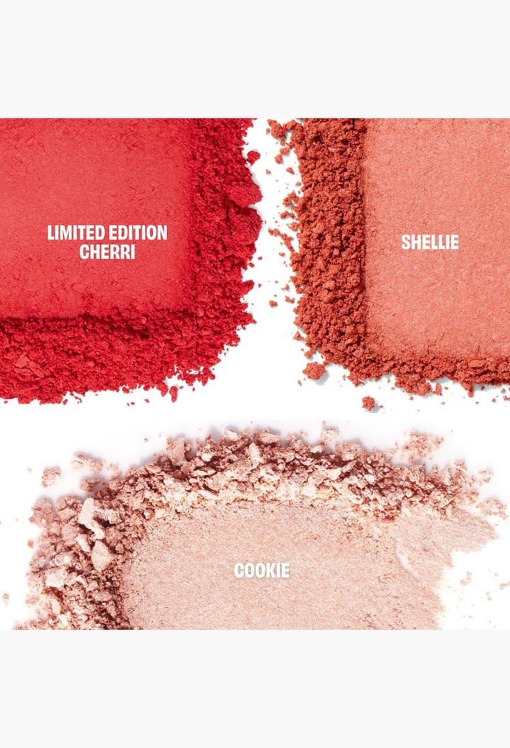 GLAM MODA Glam Central Station mini palette featuring cherry-red Cherri, seashell-pink Shellie, and golden Cookie powder.