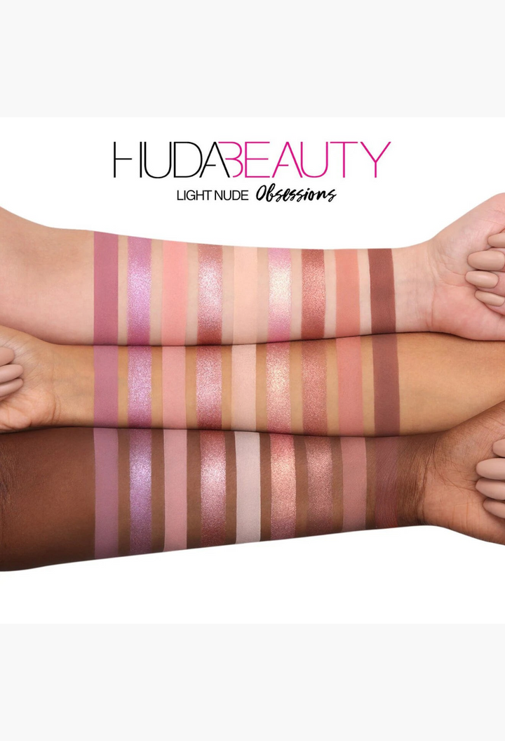 GLAM MODA Nude Obsessions eyeshadow palette swatches on three different skin tones showing matte and shimmer finishes