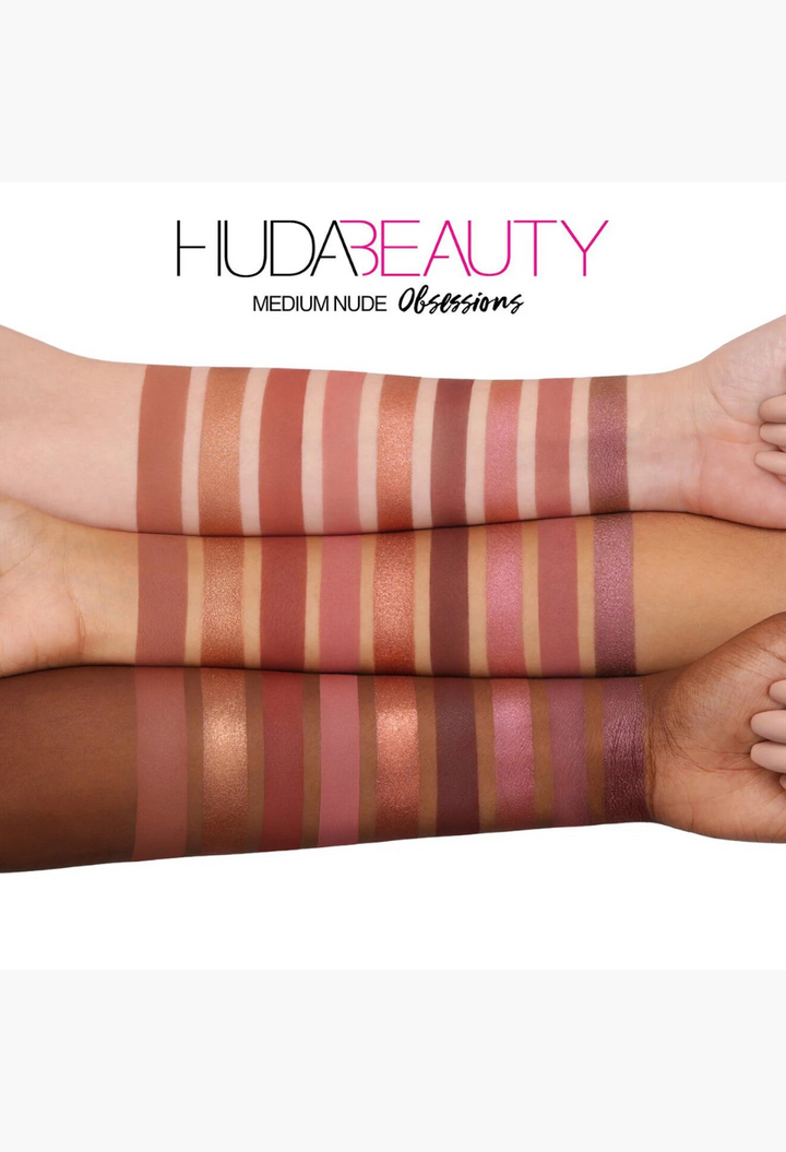GLAM MODA Nude Obsessions eyeshadow palette swatches on three different skin tones showing matte and shimmer finishes.